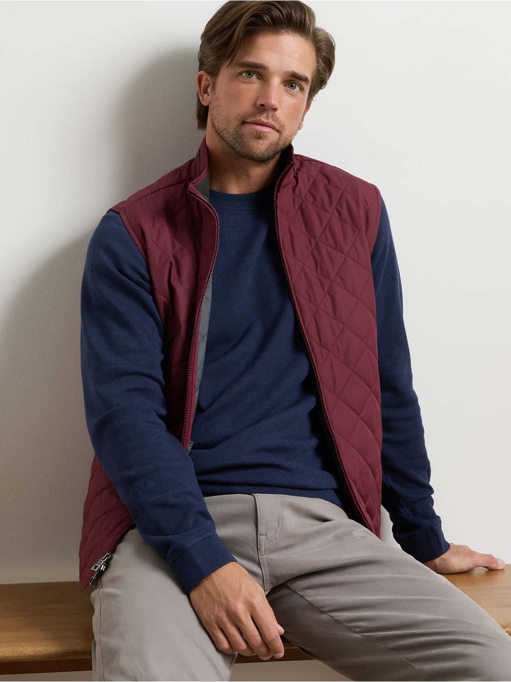 Peter Millar Men's Essex Quilted Vest - Burgundy / Bordeaux Full Zip Size Medium